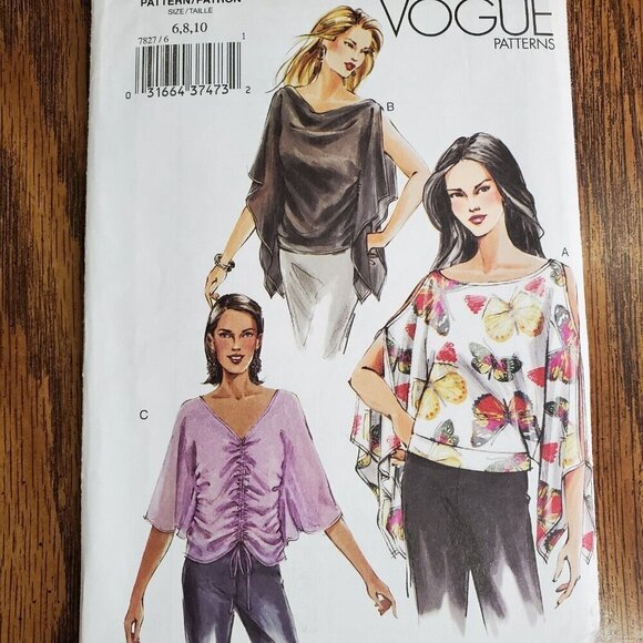 00s Vogue Pattern V7827 Cold Shoulder Butterfly Sleeve Blouse Cowl Ruched 6 8 10 - Picture 1 of 3